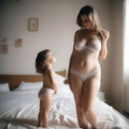 A woman with a voluptuous figure wearing a transparent nightie standing next to a cute child