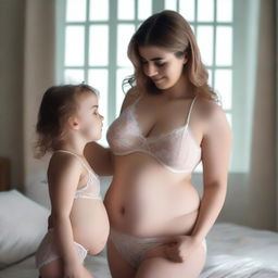 A woman with a voluptuous figure wearing a transparent nightie standing next to a cute child