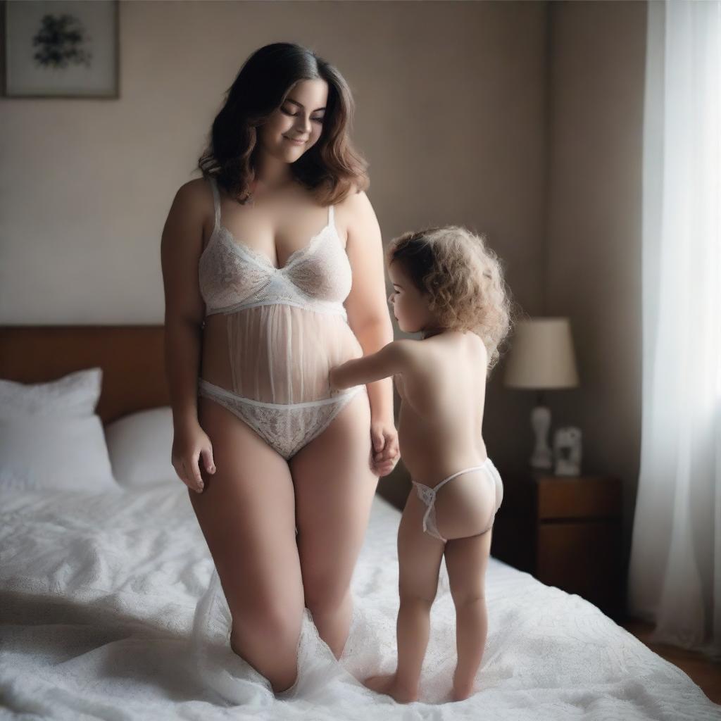 A woman with a voluptuous figure wearing a transparent nightie standing next to a cute child