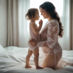 A woman with a voluptuous figure wearing a transparent nightie standing next to a cute child