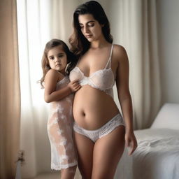 A woman with a voluptuous figure wearing a transparent nightie standing next to a cute child