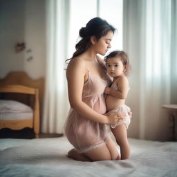 A woman with a voluptuous figure wearing a transparent nightie standing next to a cute child