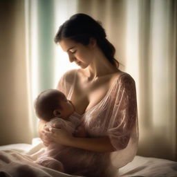 A woman in a transparent nightie breastfeeding a child