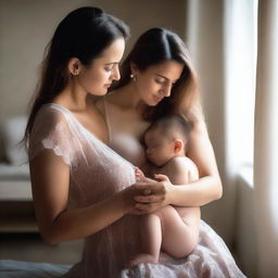 A woman in a transparent nightie breastfeeding a child