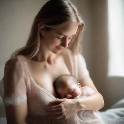 A woman in a transparent nightie breastfeeding a child