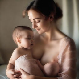 A woman in a transparent nightie breastfeeding a child