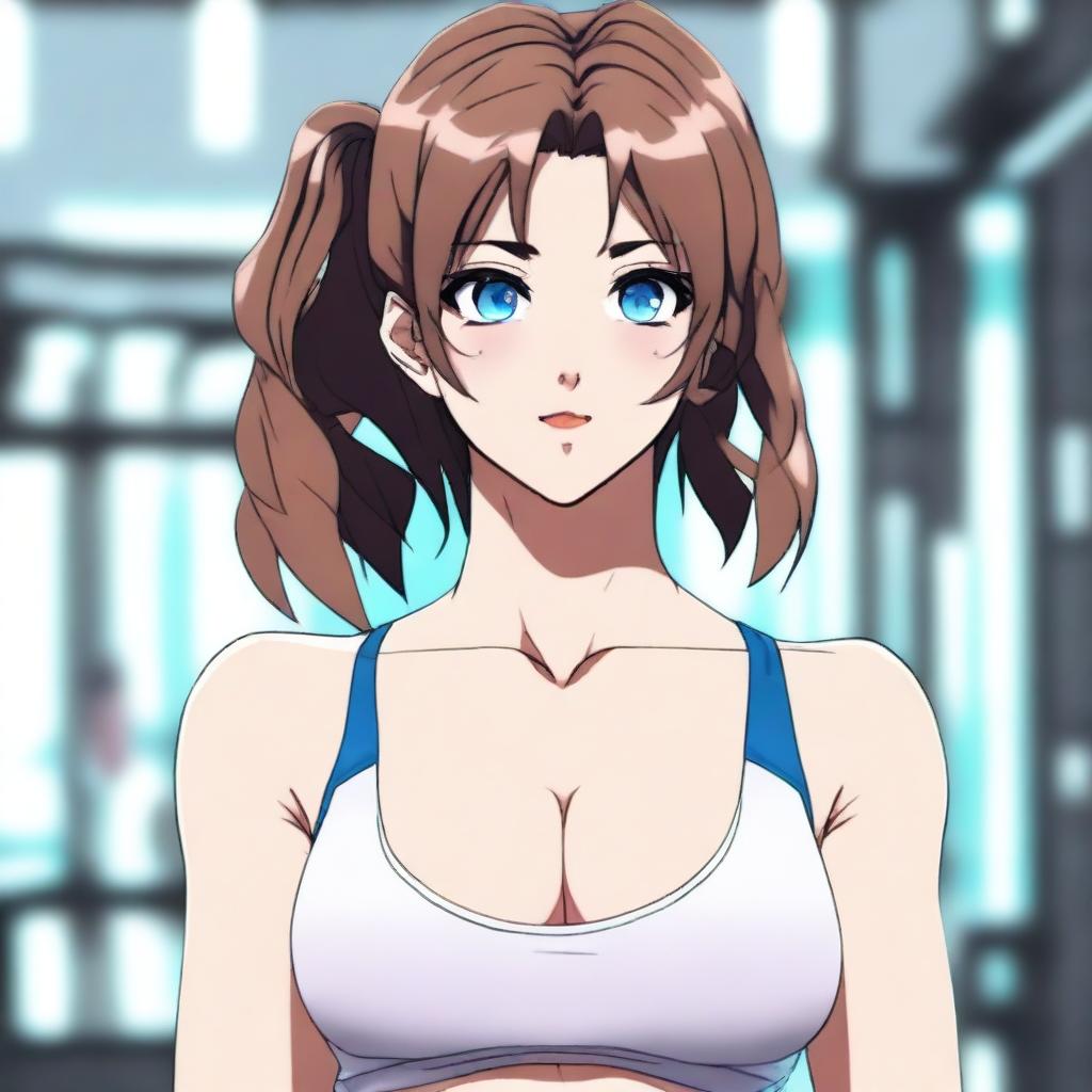 A highly detailed, HD, and realistic anime-style image of a woman in a gym