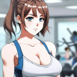 A highly detailed, HD, and realistic anime-style image of a woman in a gym