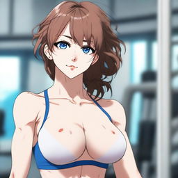 A highly detailed, HD, and realistic anime-style image of a woman in a gym