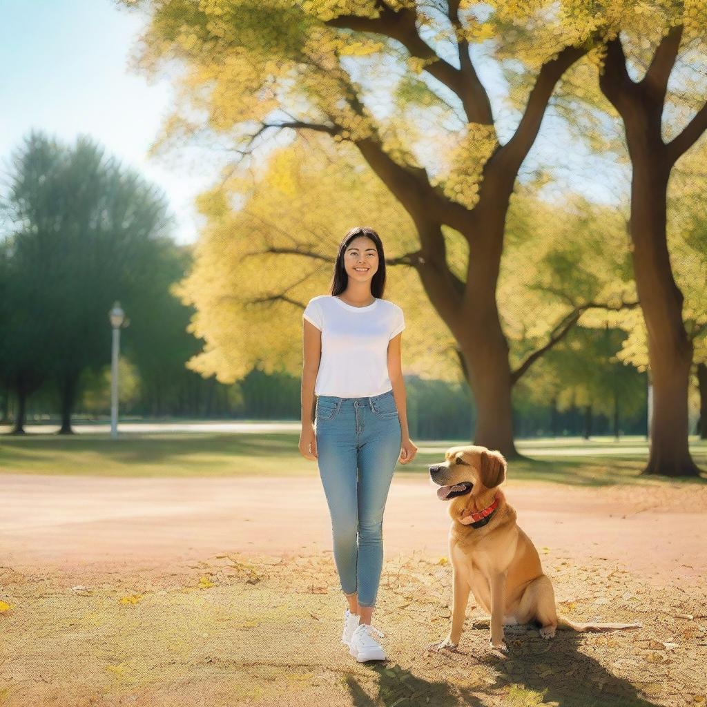 A woman standing with a dog in a peaceful park