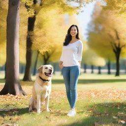 A woman standing with a dog in a peaceful park