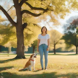 A woman standing with a dog in a peaceful park