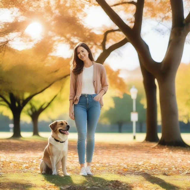 A woman standing with a dog in a peaceful park