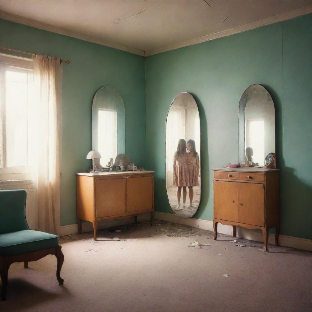 Empty retro sci-fi room with vintage tint imbued with nostalgia, focusing on a broken mirror in the centre. It reflects two girls and a vibrant, homely past indicating a family once lived there.