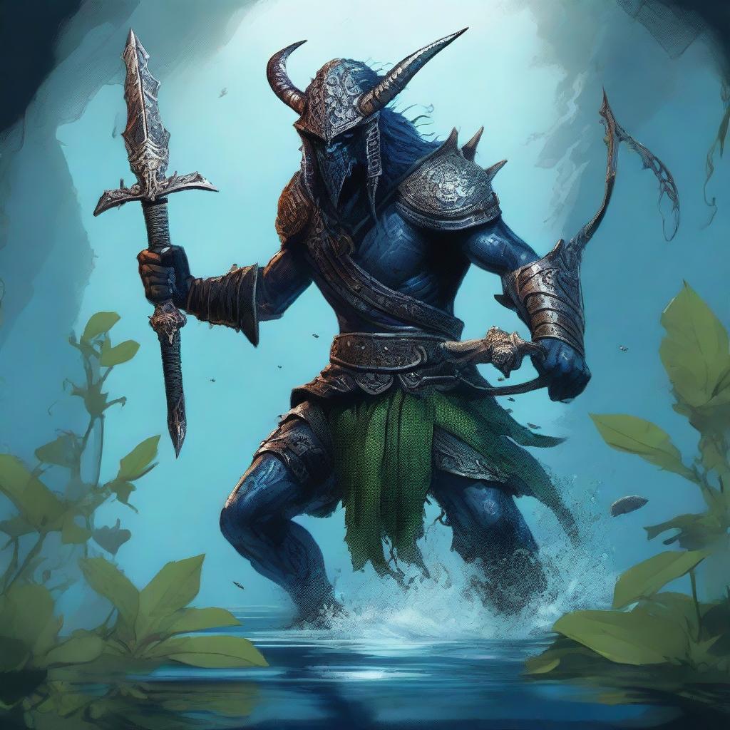 A detailed illustration of a Sahuagin sea-devil raider wielding a shortsword and wearing chainmail