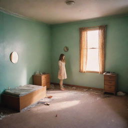 Empty retro sci-fi room with vintage tint imbued with nostalgia, focusing on a broken mirror in the centre. It reflects two girls and a vibrant, homely past indicating a family once lived there.