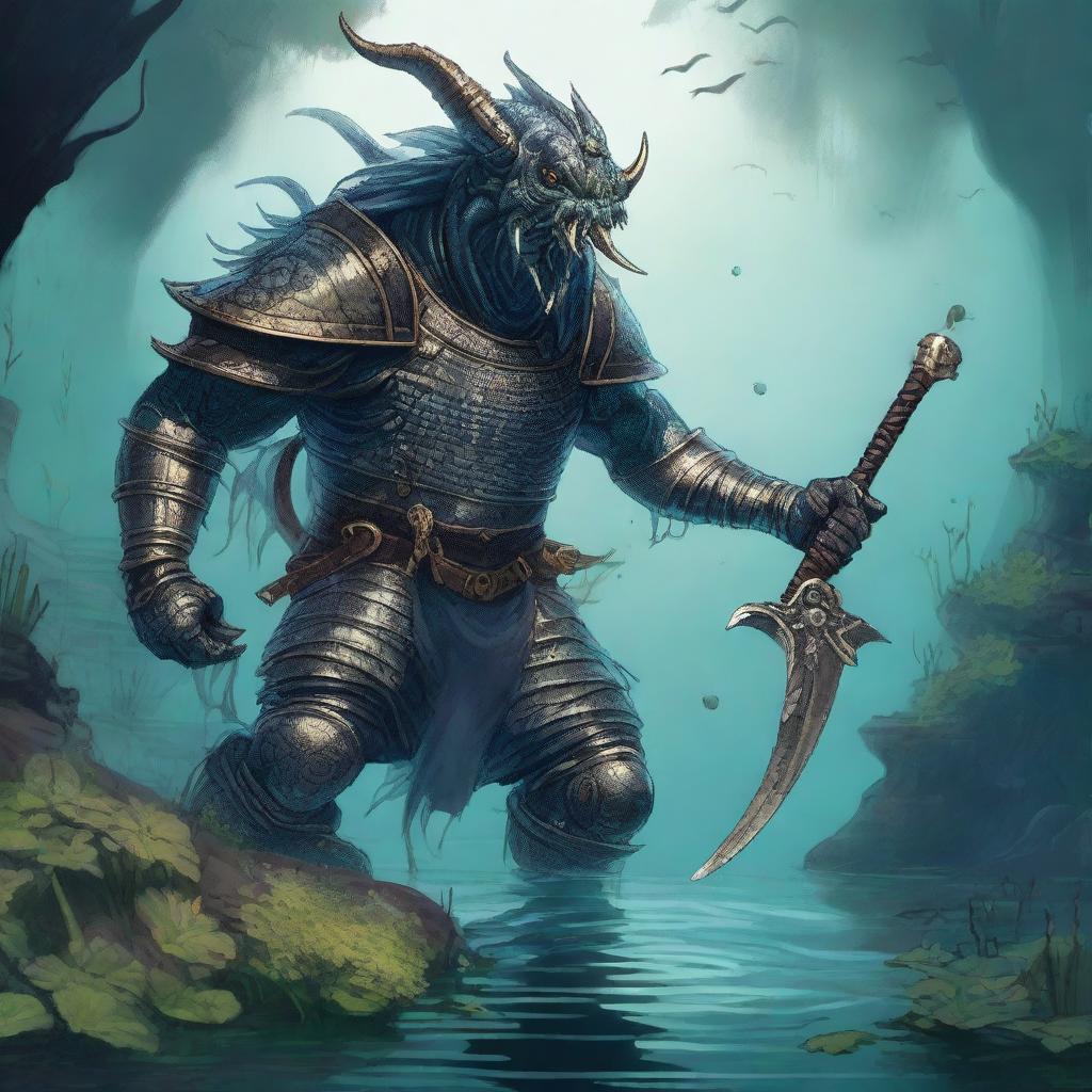 A detailed illustration of a Sahuagin sea-devil wielding two shortswords and wearing chainmail armor