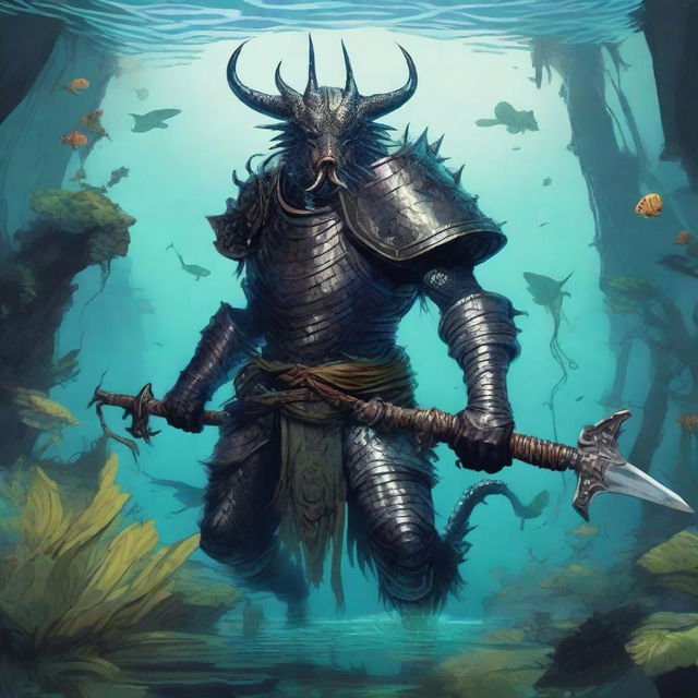 A detailed illustration of a Sahuagin sea-devil wielding two shortswords and wearing chainmail armor