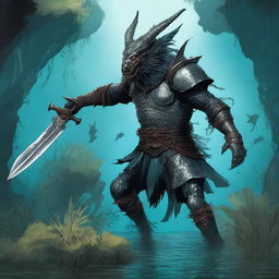 A detailed illustration of a Sahuagin sea-devil wielding two shortswords and wearing chainmail armor