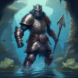 A detailed illustration of a fishman raider wearing chainmail armor