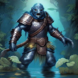 A detailed illustration of a fishman raider wearing chainmail armor