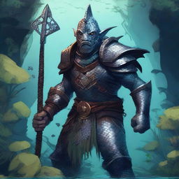 A detailed illustration of a fishman raider wearing chainmail armor