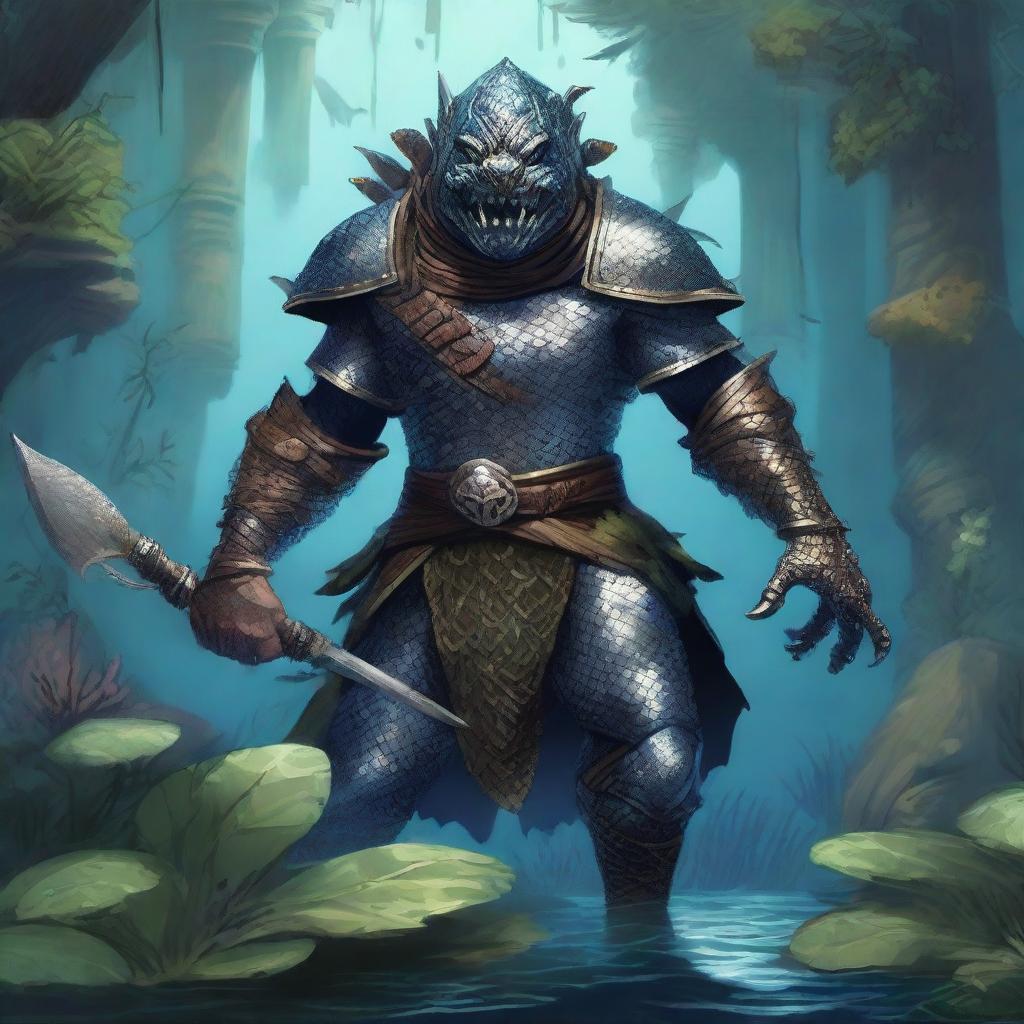 A detailed illustration of a fishman raider wearing chainmail armor