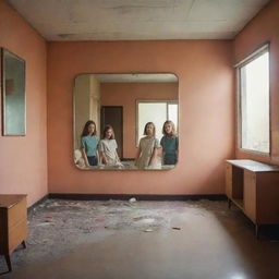 Empty retro sci-fi room with vintage tint imbued with nostalgia, focusing on a broken mirror in the centre. It reflects two girls and a vibrant, homely past indicating a family once lived there.