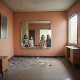 Empty retro sci-fi room with vintage tint imbued with nostalgia, focusing on a broken mirror in the centre. It reflects two girls and a vibrant, homely past indicating a family once lived there.