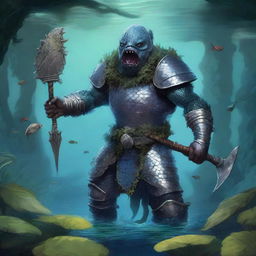 A detailed illustration of a fishman raider wearing chainmail armor