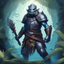 A detailed illustration of a fishman raider wearing chainmail armor