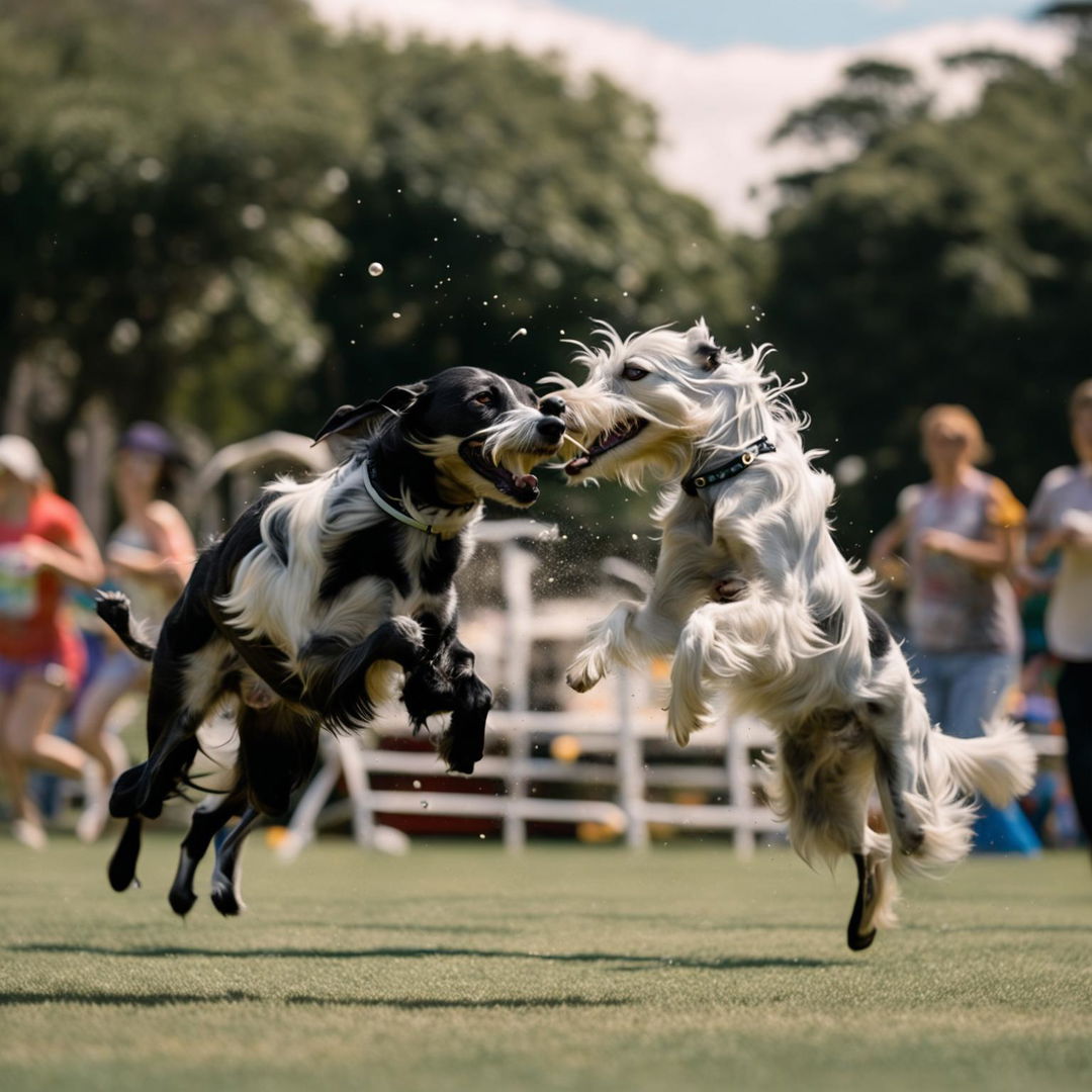 Two greyhounds, one black and one white with black spots, are playing energetically in a vibrant dog park, surrounded by lush green grass and colorful play equipment