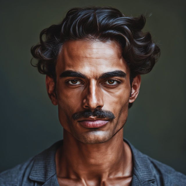 A portrait of a man who is half Persian and half German, featuring a well-groomed moustache and a mullet hairstyle, blending characteristics of both heritages