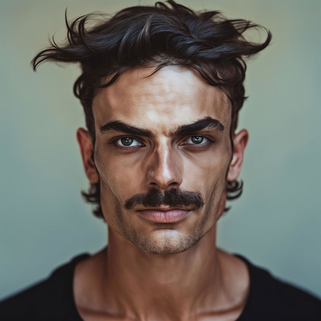 A portrait of a pale-skinned man who is half Persian and half German, featuring a well-groomed moustache and a mullet hairstyle, blending characteristics of both heritages