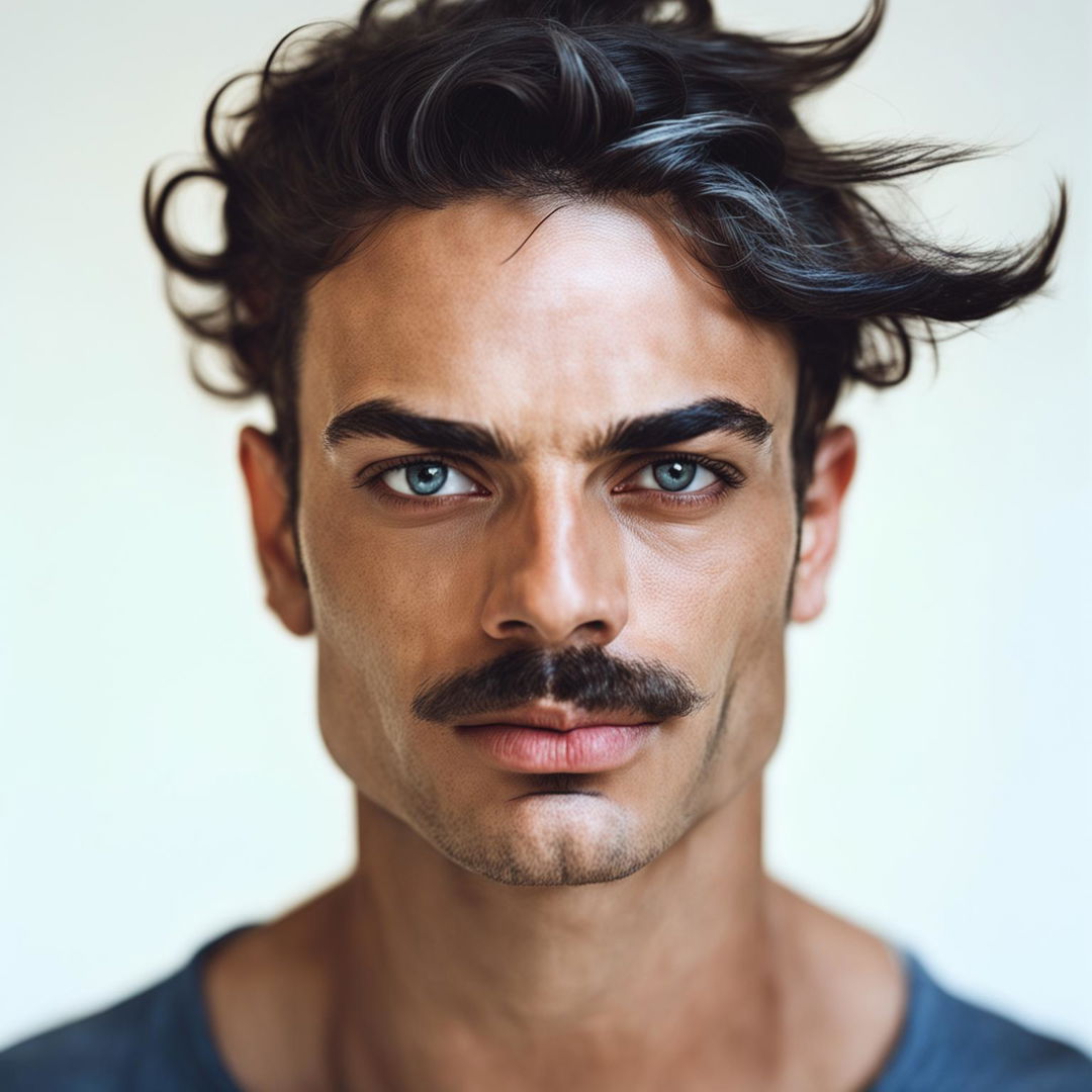 A portrait of a pale-skinned man who is half Persian and half German, featuring slightly fuller cheeks, a well-groomed moustache, and a mullet hairstyle, blending characteristics of both heritages