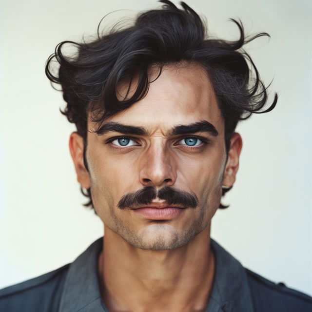 A portrait of a pale-skinned man who is half Persian and half German, featuring chubby cheeks, a well-groomed moustache, and a mullet hairstyle, blending characteristics of both heritages