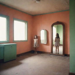 Empty retro sci-fi room with vintage tint imbued with nostalgia, focusing on a broken mirror in the centre. It reflects two girls and a vibrant, homely past indicating a family once lived there.