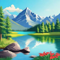 Create an image featuring a beautiful landscape with mountains, a river, and a clear blue sky