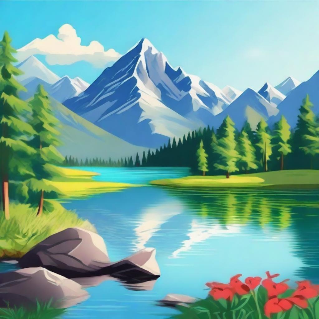 Create an image featuring a beautiful landscape with mountains, a river, and a clear blue sky