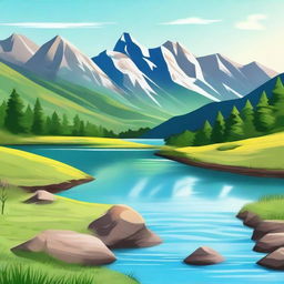 Create an image featuring a beautiful landscape with mountains, a river, and a clear blue sky