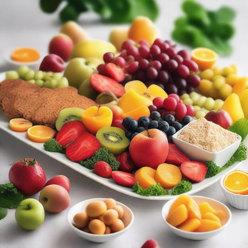 A beautifully arranged food platter featuring a variety of vibrant fruits, vegetables, and gourmet dishes