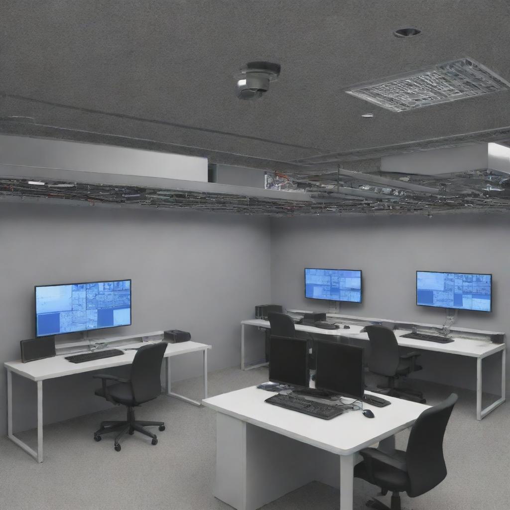 Detailed depiction of a CCTV camera installation scenario involving computers and hardware -assembly - monitors displaying feeds, servers, Ethernet cables, and a professionally installed camera.