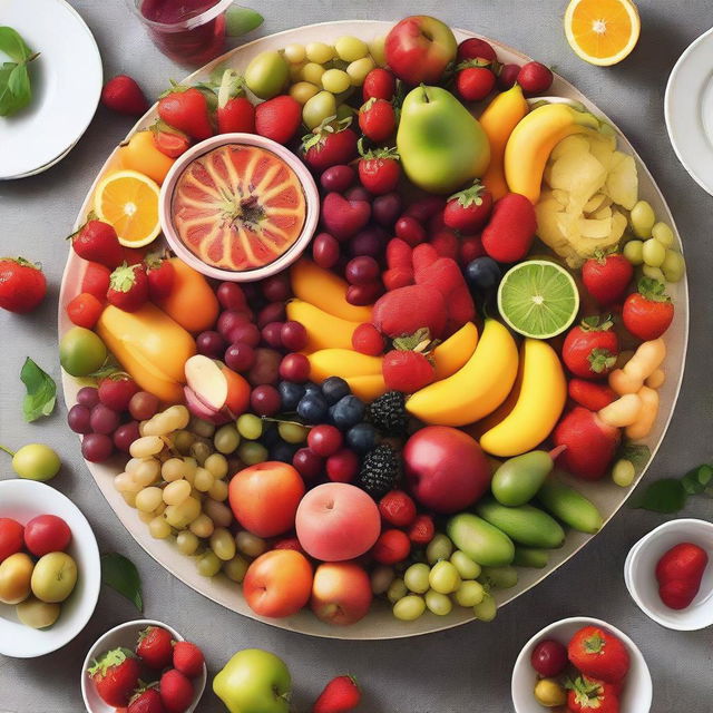 A beautifully arranged food platter featuring a variety of vibrant fruits, vegetables, and gourmet dishes