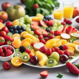 A beautifully arranged food platter featuring a variety of vibrant fruits, vegetables, and gourmet dishes