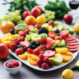 A beautifully arranged food platter featuring a variety of vibrant fruits, vegetables, and gourmet dishes