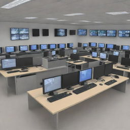 Detailed depiction of a CCTV camera installation scenario involving computers and hardware -assembly - monitors displaying feeds, servers, Ethernet cables, and a professionally installed camera.