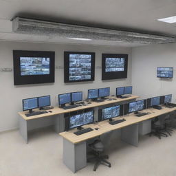 Detailed depiction of a CCTV camera installation scenario involving computers and hardware -assembly - monitors displaying feeds, servers, Ethernet cables, and a professionally installed camera.