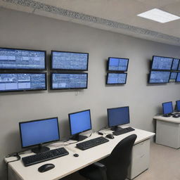 Detailed depiction of a CCTV camera installation scenario involving computers and hardware -assembly - monitors displaying feeds, servers, Ethernet cables, and a professionally installed camera.