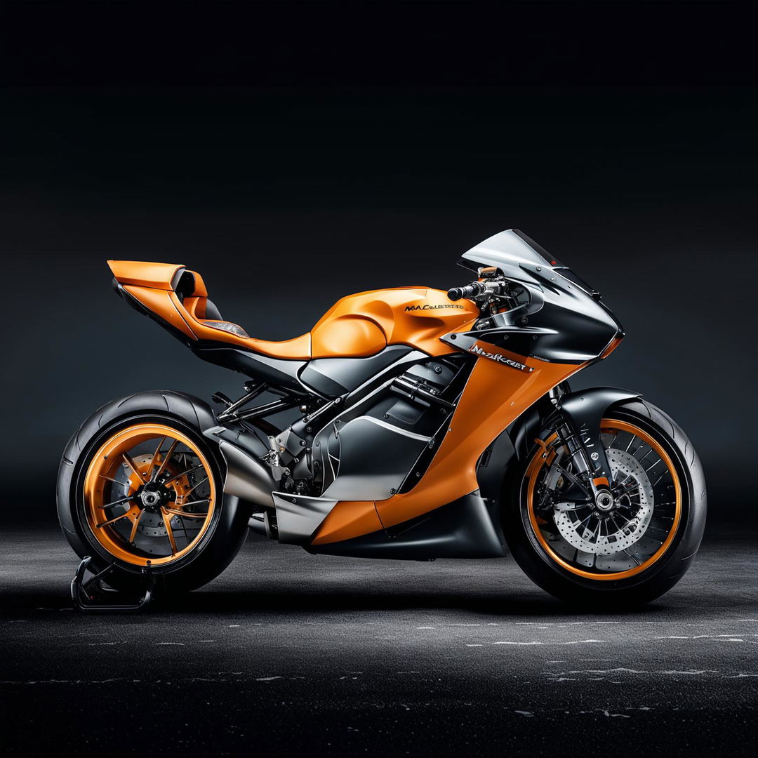 This is a description of a hypothetical McLaren motorbike, featuring the brand's unique design, high-speed performance, and premium materials