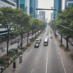 A bustling city scene with meticulously installed CCTV cameras monitoring public places - parks, streets, shopping areas, and transport terminals, subtly blending with the urban atmosphere.